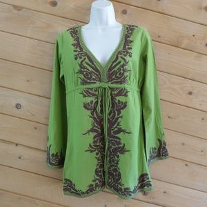 Lucky Brand Green Brown Embroidery Boho Long Bell Sleeve Tunic Top 100% Cotton M